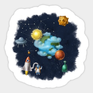 Outer space with aliens and astronaut. Sticker